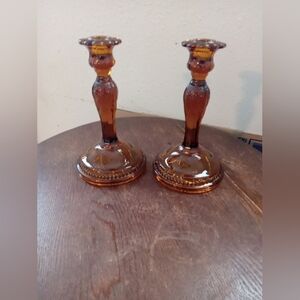 Tiara Indiana Glass Amber daisy mid century candle sticks/holders Gorgeous!